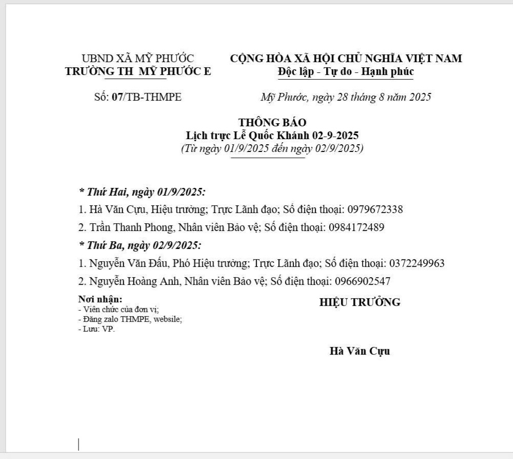 Lịch trực Quốc khánh